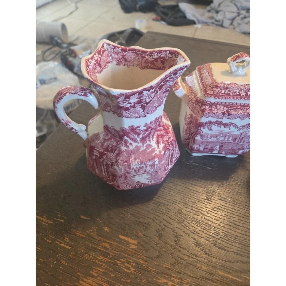 Mason's Vista Pink Ironstone Tea Set Teapot Sugar Creamer Pitcher England